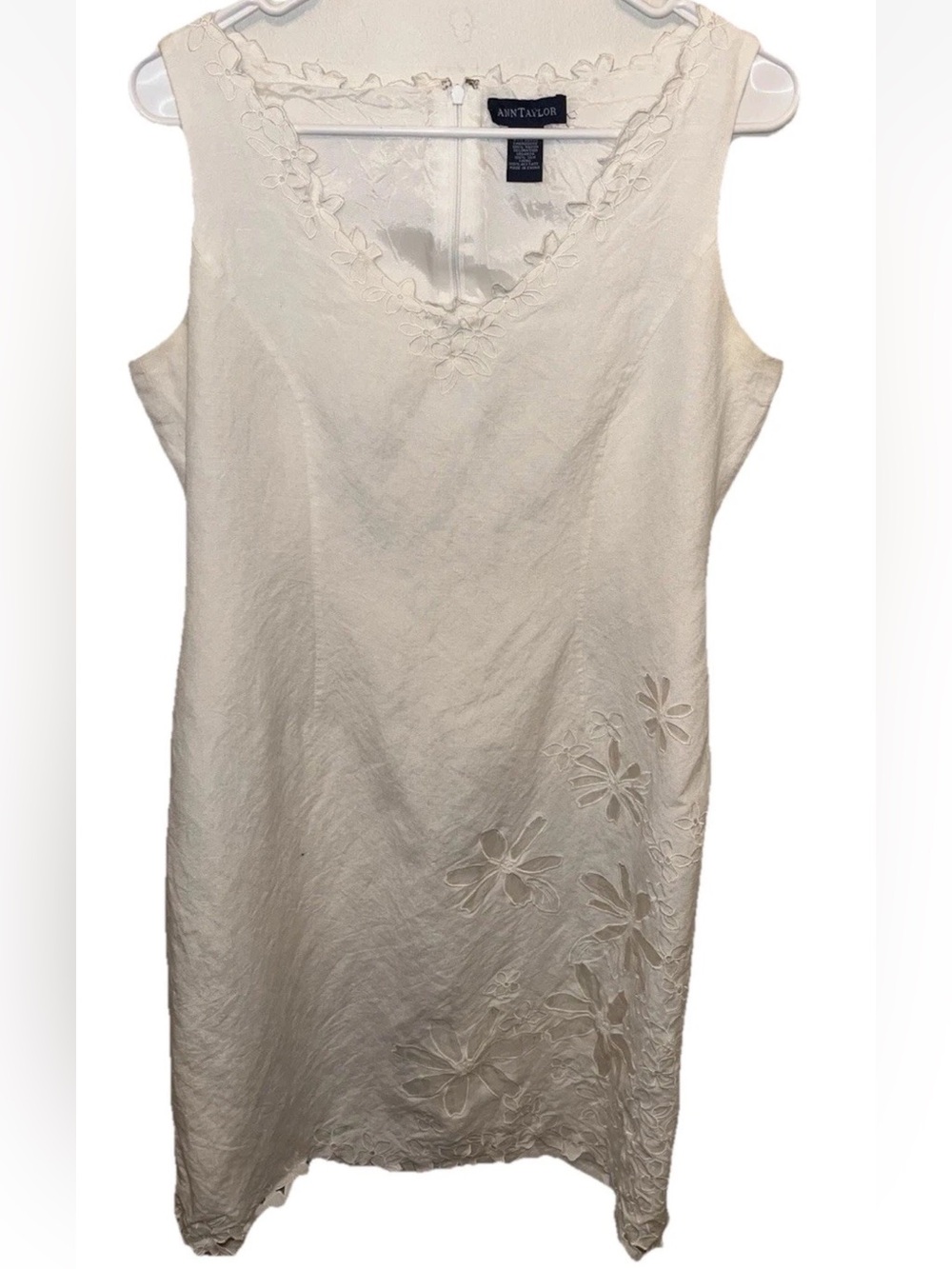Ann Taylor Women’s Sleeveless Linen Blend Ivory Dress Floral Detail Size 10 EUC